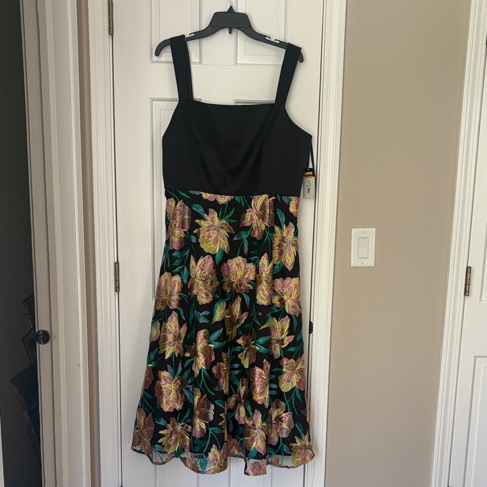 Tahari Black Bodice Midi Dress with Floral Skirt